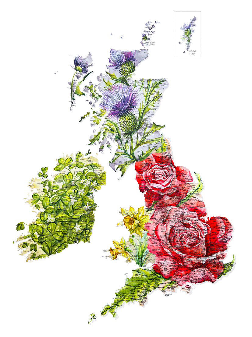 United Kingdom Floral Map Giclee Fine Art Print