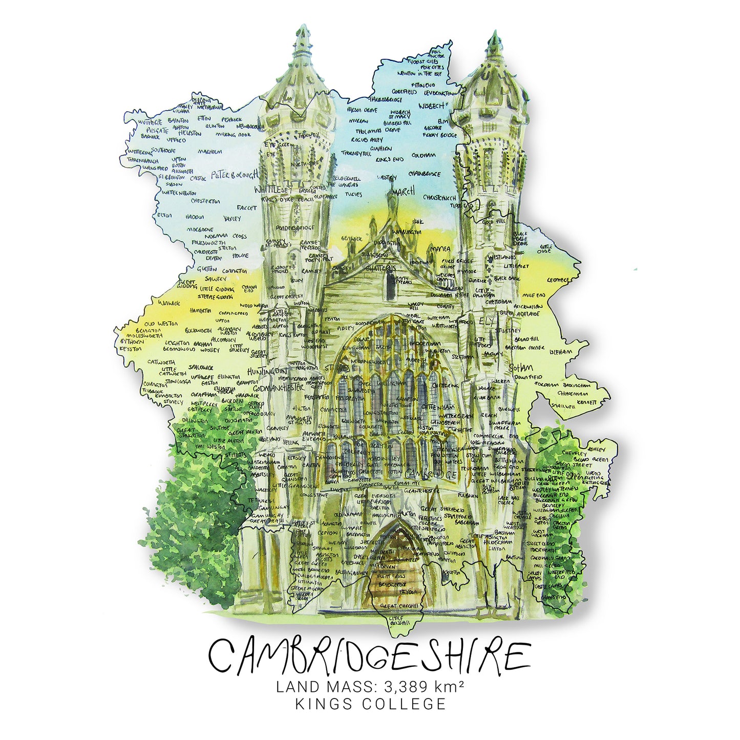 Cambridgeshire Kings College Map Print