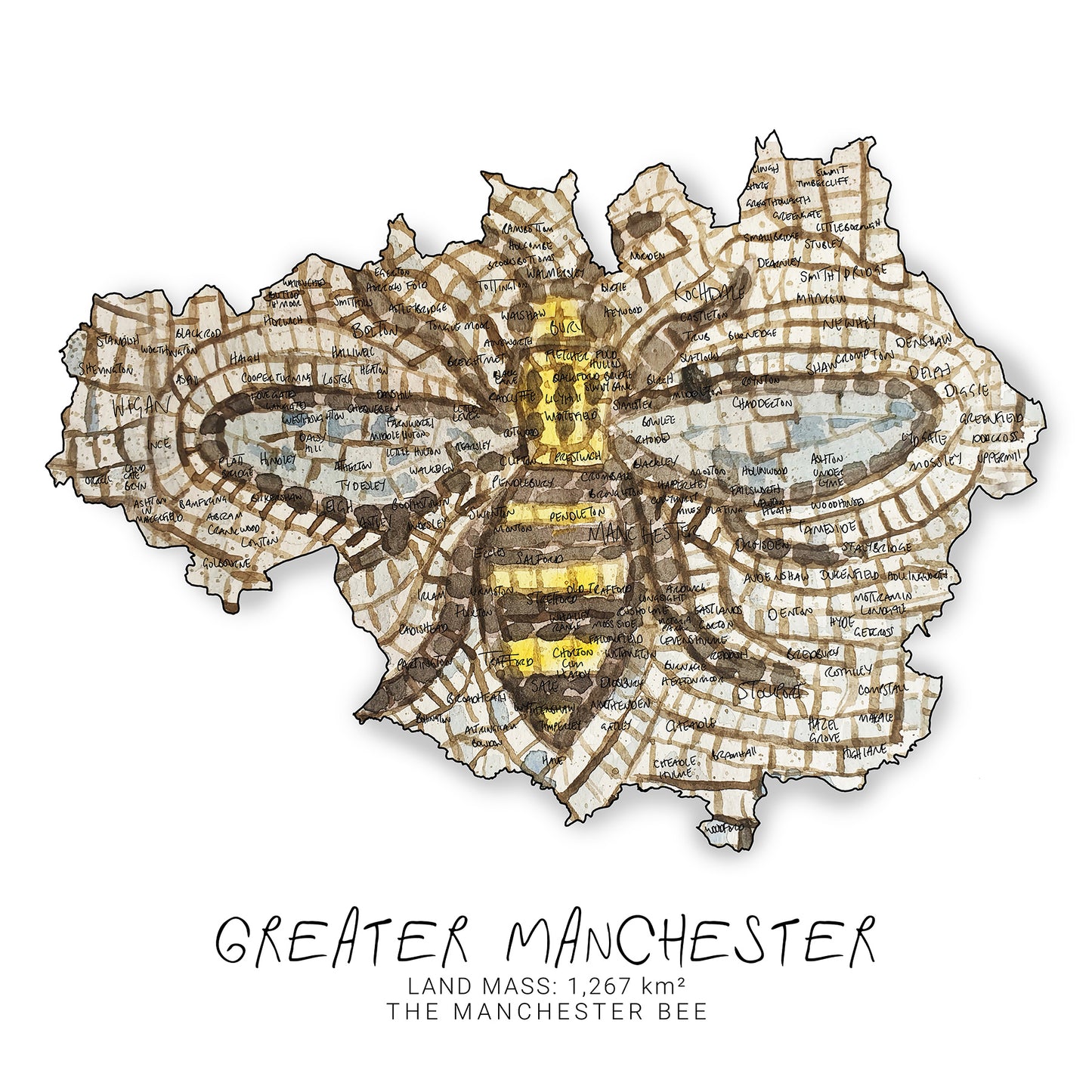 Greater Manchester Bee Map Print