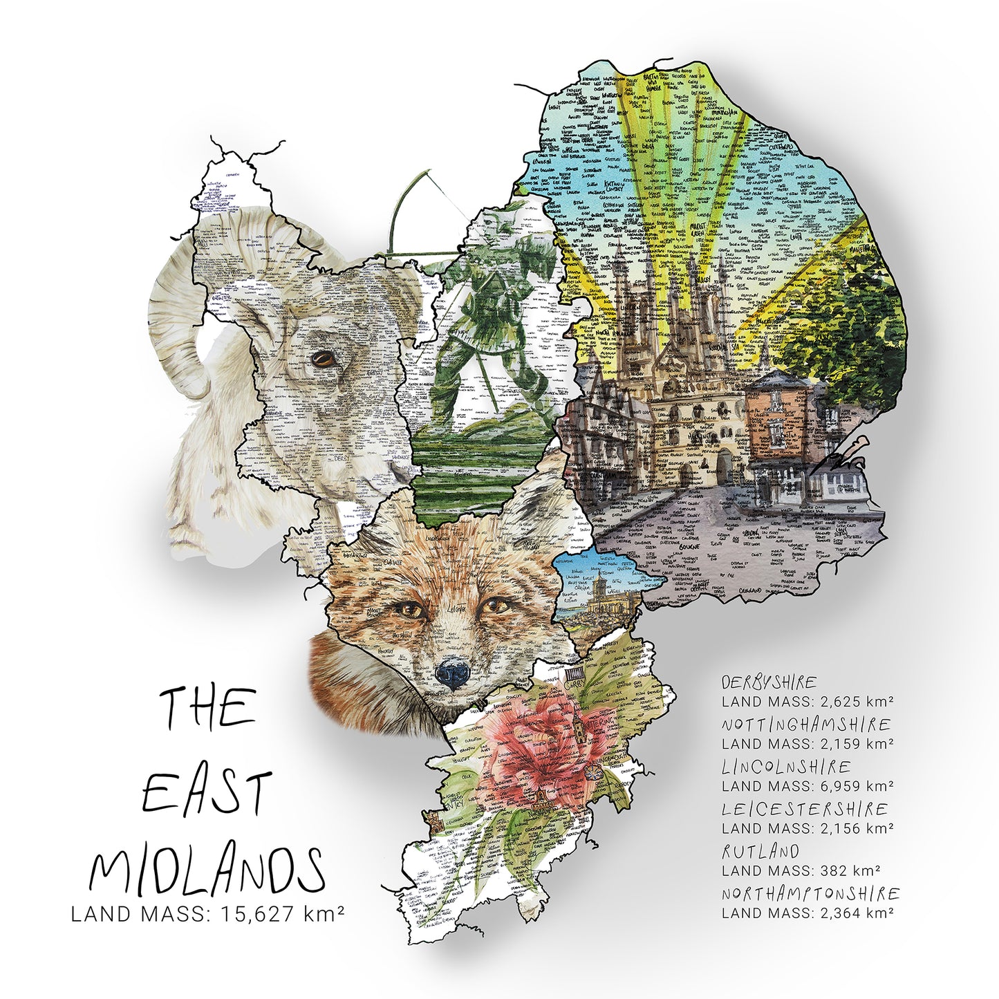 East Midlands Region Map Print