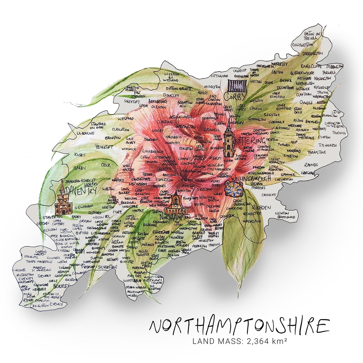 Northamptonshire Rose of the Shire Map Print